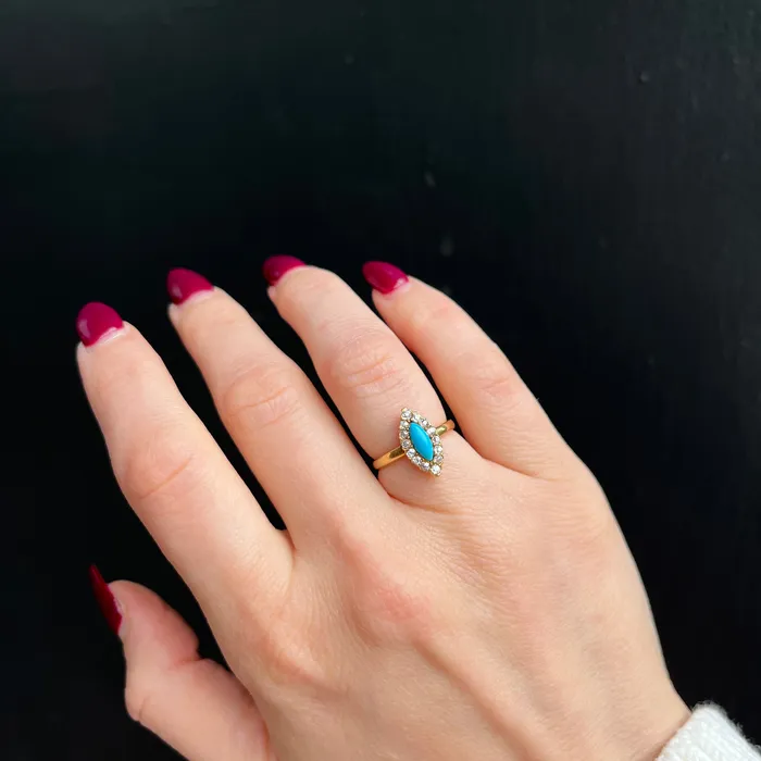 OTC Rings Victorian 18K Yellow Gold Turquoise and Old Mine Cut Diamond Ring