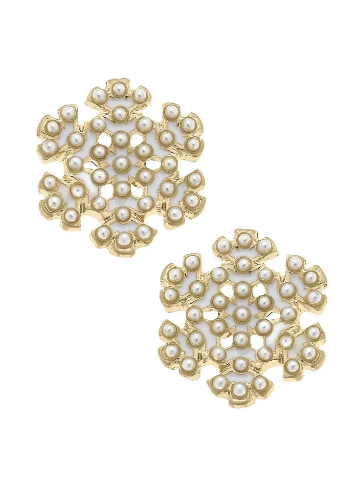 Pearl Studded Enamel Snowflake Studs Canvas Style Earrings