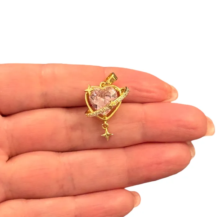 Peppy Beads CZ Saturn Heart Charm Waterproof 24Kt Gold Plated Stainless Steel CZ Pendant Necklaces Peppy Beads CZ Saturn Heart Charm Waterproof 24Kt Gold Plated Stainless Steel CZ Pendant Necklaces