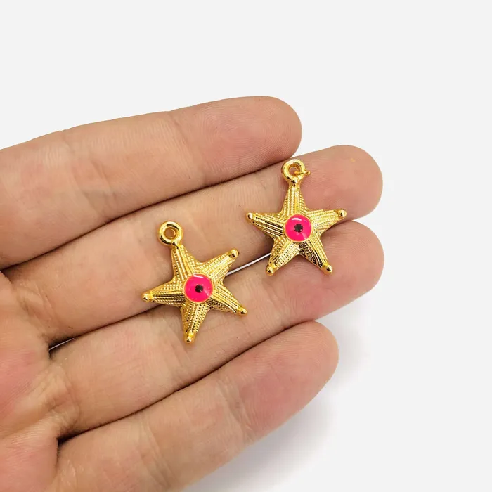 Peppy Beads Earrings 24Kt Gold Plated Starfish Neon Pink Evil Eye Charms 2 pcs in a pack Peppy Beads Earrings 24Kt Gold Plated Starfish Neon Pink Evil Eye Charms 2 pcs in a pack