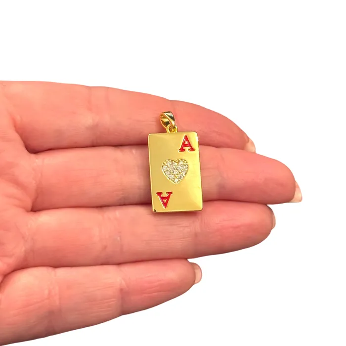 Peppy Beads Necklaces Ace of Hearts CZ Playing Card Pendant Waterproof 24Kt Gold Plated Stainless Steel CZ Pendant With Attached Bail Peppy Beads Necklaces Ace of Hearts CZ Playing Card Pendant Waterproof 24Kt Gold Plated Stainless Steel CZ Pendant With Attached Bail