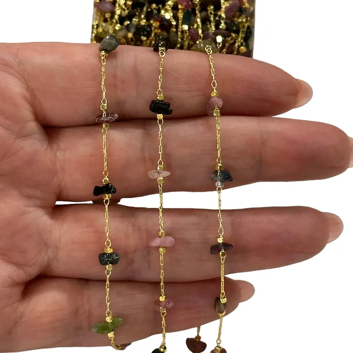 Peppy Beads Necklaces Tourmaline Rosary Chain 24Kt Gold Plated Gemstone Chain