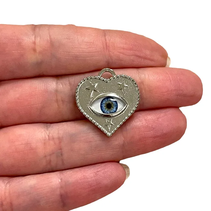 Peppy Beads Rhodium Plated Heart Charm With Eye Rhodium Heart Charm Charm Necklaces