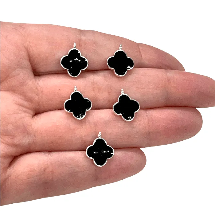 Peppy Beads Silver Plated Black Enamelled Clover Charms 5 pcs in a Pack Rings