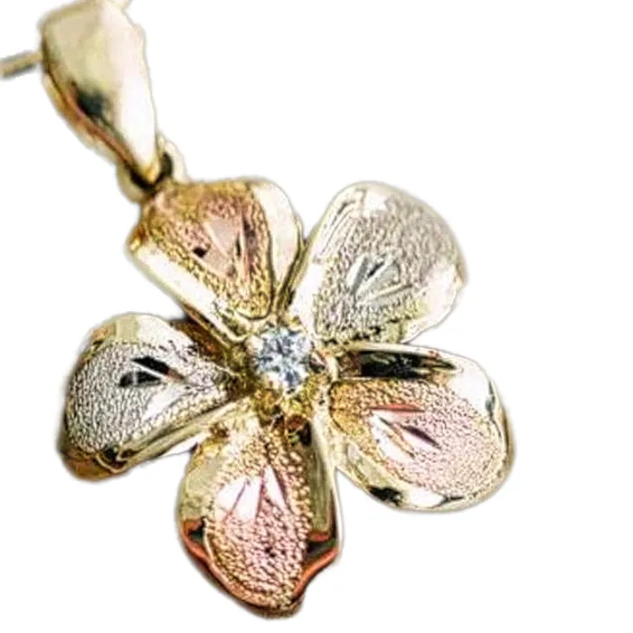 Polynesian Cultural Center Necklaces Tricolor 14K Gold Plumeria Pendant with Diamond or Cubic Zirconia