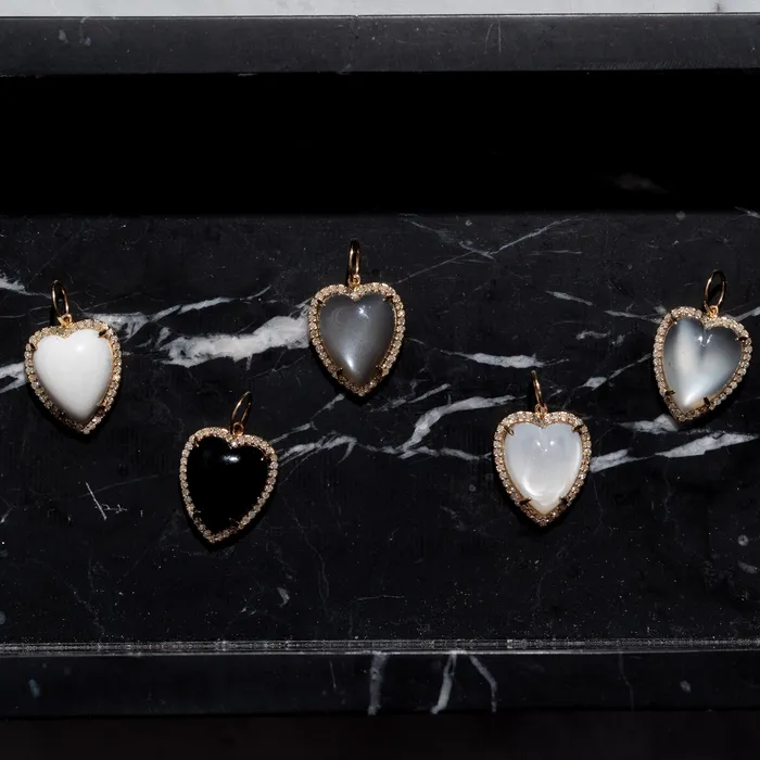RACHEL LYNN CHICAGO Charm Necklaces Yellow Gold Diamond and Grey Moonstone Chubby Heart Charm