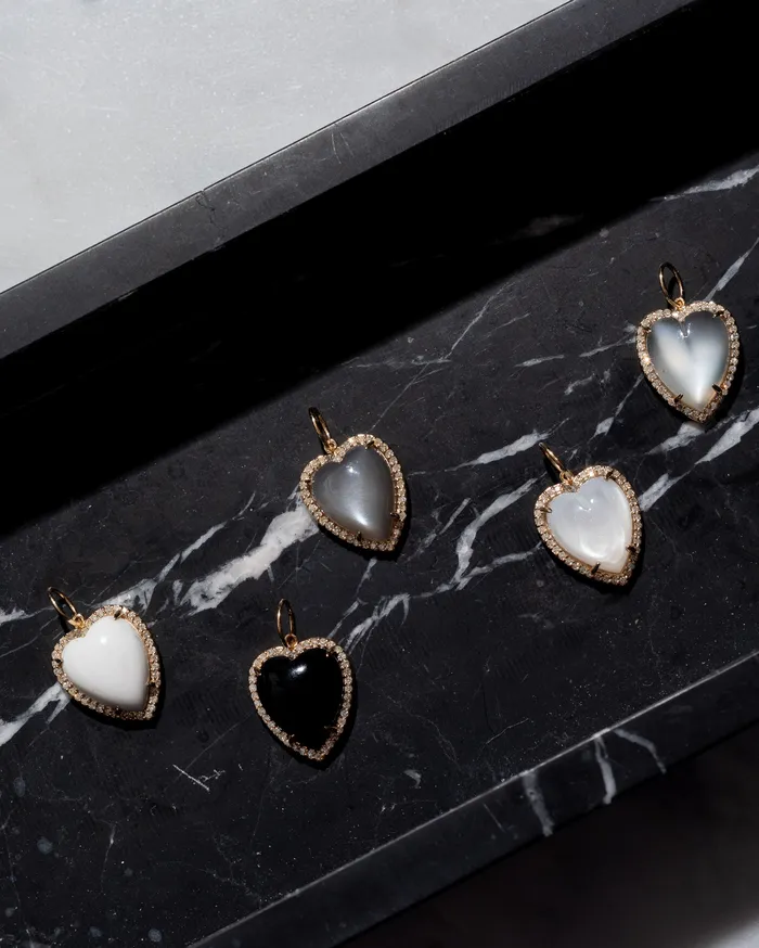 RACHEL LYNN CHICAGO Charm Necklaces Yellow Gold Diamond and Grey Moonstone Chubby Heart Charm