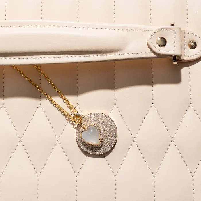 RACHEL LYNN CHICAGO Charm Necklaces Yellow Gold Diamond and Grey Moonstone Chubby Heart Charm