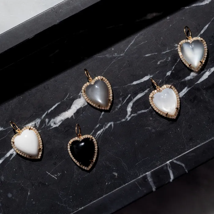 RACHEL LYNN CHICAGO Charm Necklaces Yellow Gold Diamond and Grey Moonstone Chubby Heart Charm