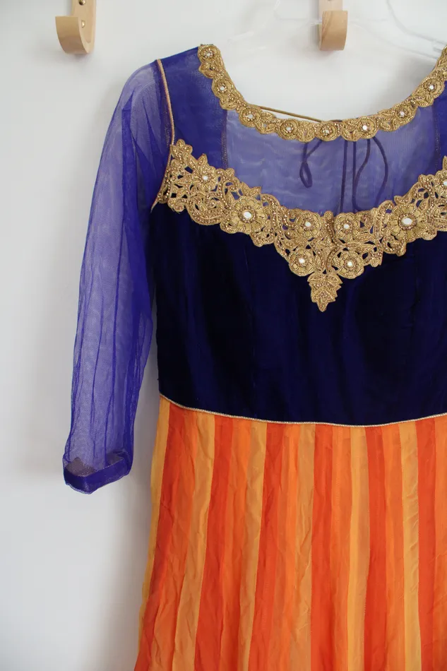 Rings Cobalt Blue Orange Gold Beaded Long Sleeved Dress M Jubilee Thrift
