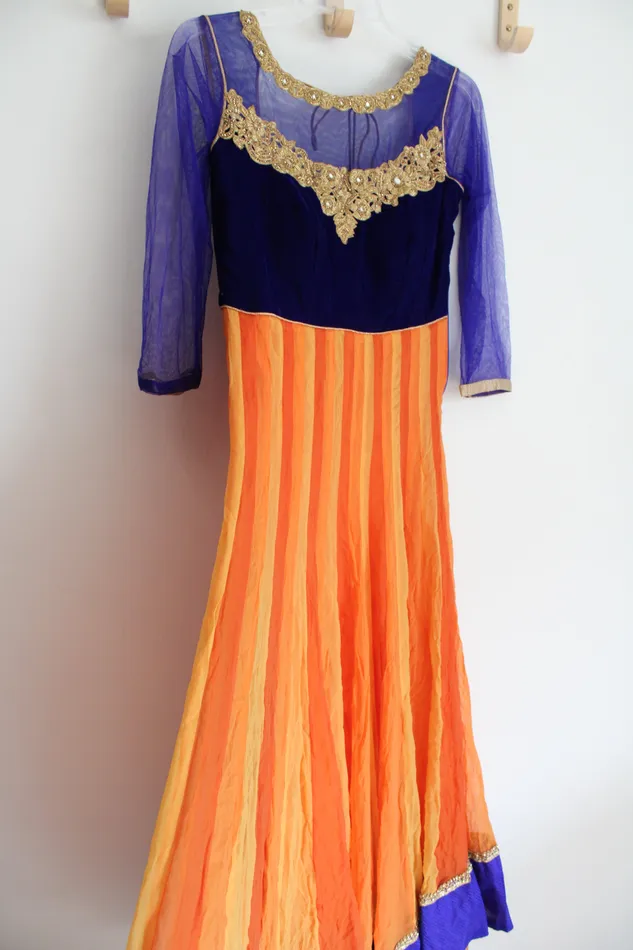 Rings Cobalt Blue Orange Gold Beaded Long Sleeved Dress M Jubilee Thrift
