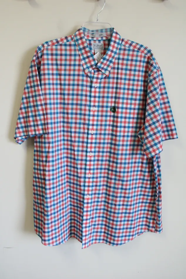 Rings LL Bean NEW LL Bean Wrinkle Resistant Blue Red Plaid Short Sleeved Button Down Shirt XXL