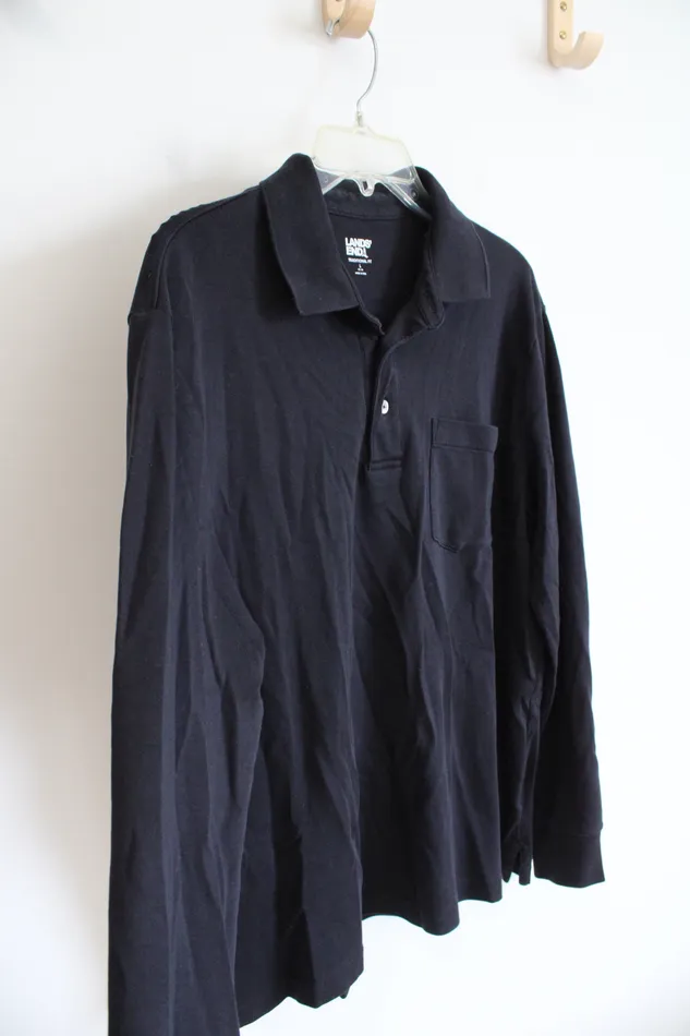 Rings Lands End Black Traditional Fit Collared Henley Shirt L Lands End