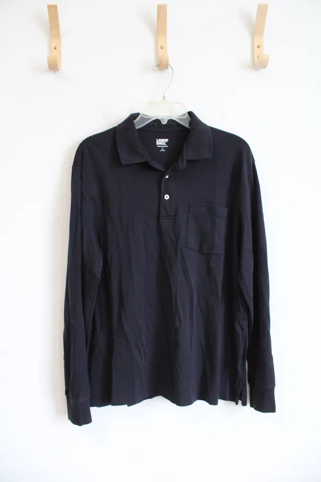 Rings Lands End Black Traditional Fit Collared Henley Shirt L Lands End