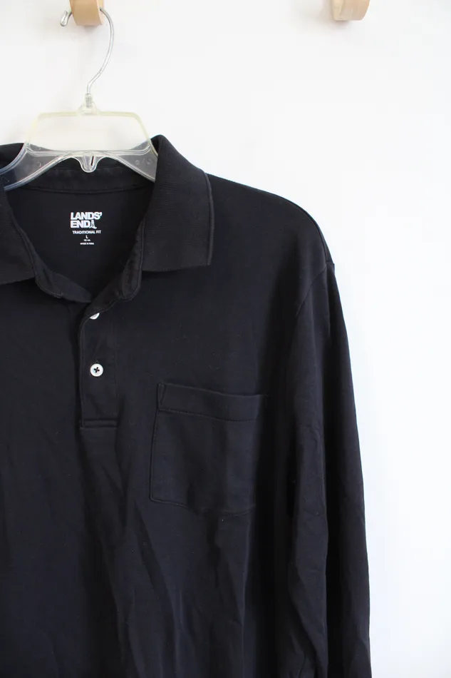 Rings Lands End Black Traditional Fit Collared Henley Shirt L Lands End