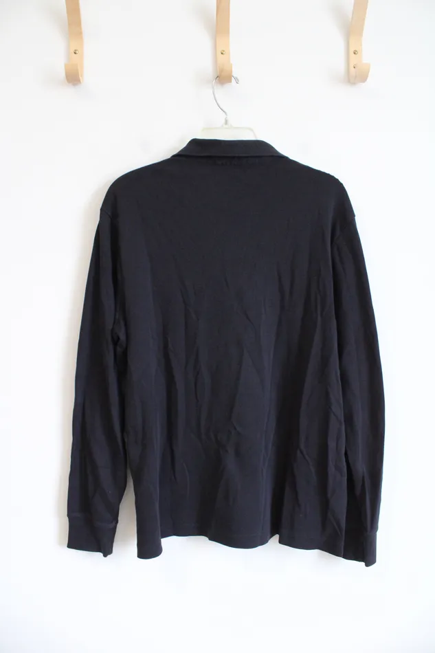 Rings Lands End Black Traditional Fit Collared Henley Shirt L Lands End