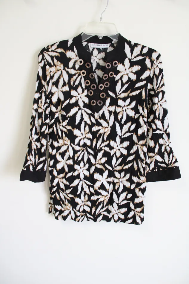 Rings Sag Harbor Black Tan Floral Top S Sag Harbor