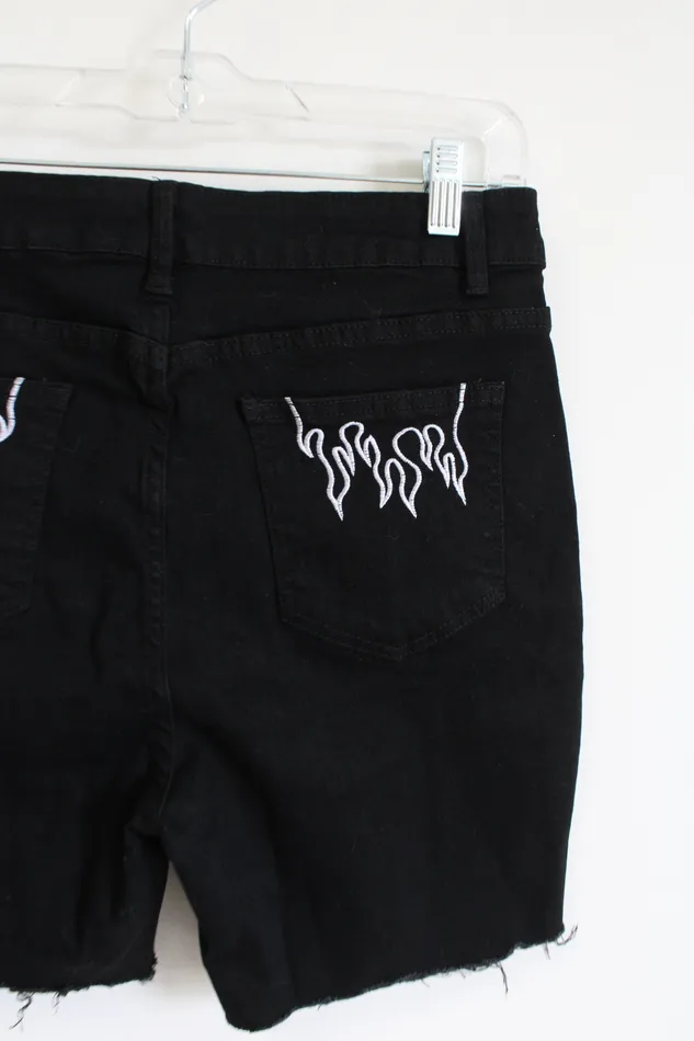 Rings Shein Silver Flame Embroidered Pocket Black Cut Off Shorts L 810 Shein