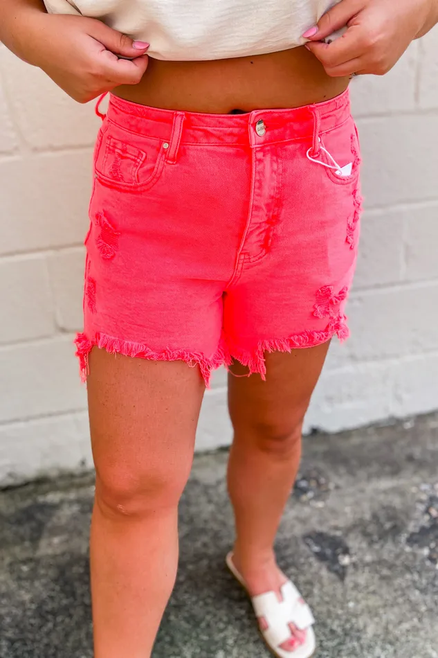 Risen Sunny Days Distressed Shorts Neon Coral Earrings