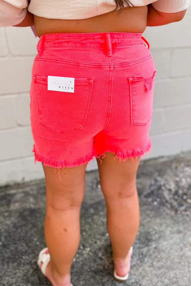 Risen Sunny Days Distressed Shorts Neon Coral Earrings