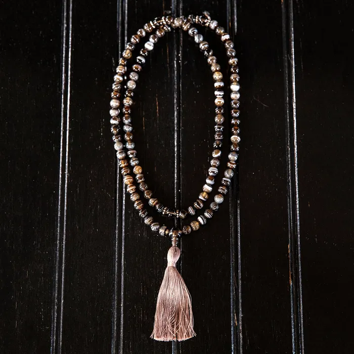 Sardonyx Banded Agate with Smokey Quartz Mala Drukomalas Necklaces