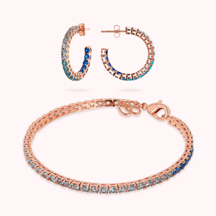 Set Orecchini a Cerchio Medi e Bracciale Tennis con Cubic Zirconia Blu Effetto Dgrad Bronzallure Earrings