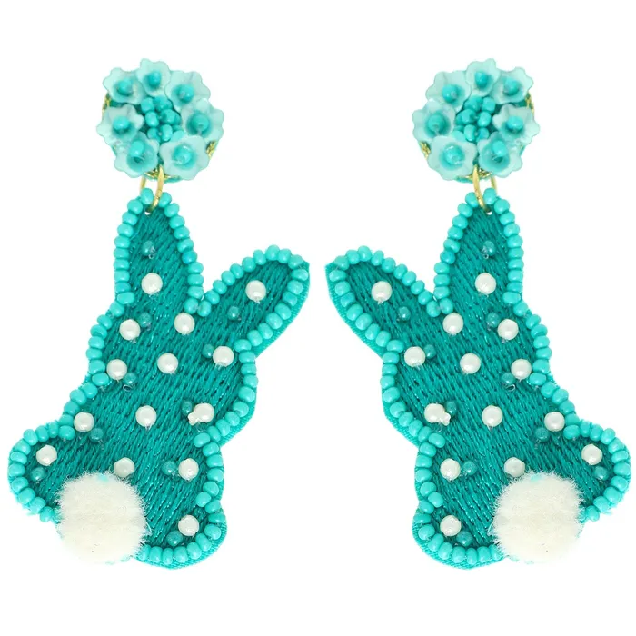 Something Special LA Earrings POM POM EASTER BUNNY SEED BEAD SEQUINS EMBROIDERED POST DANGLE EARRINGS Turquoise