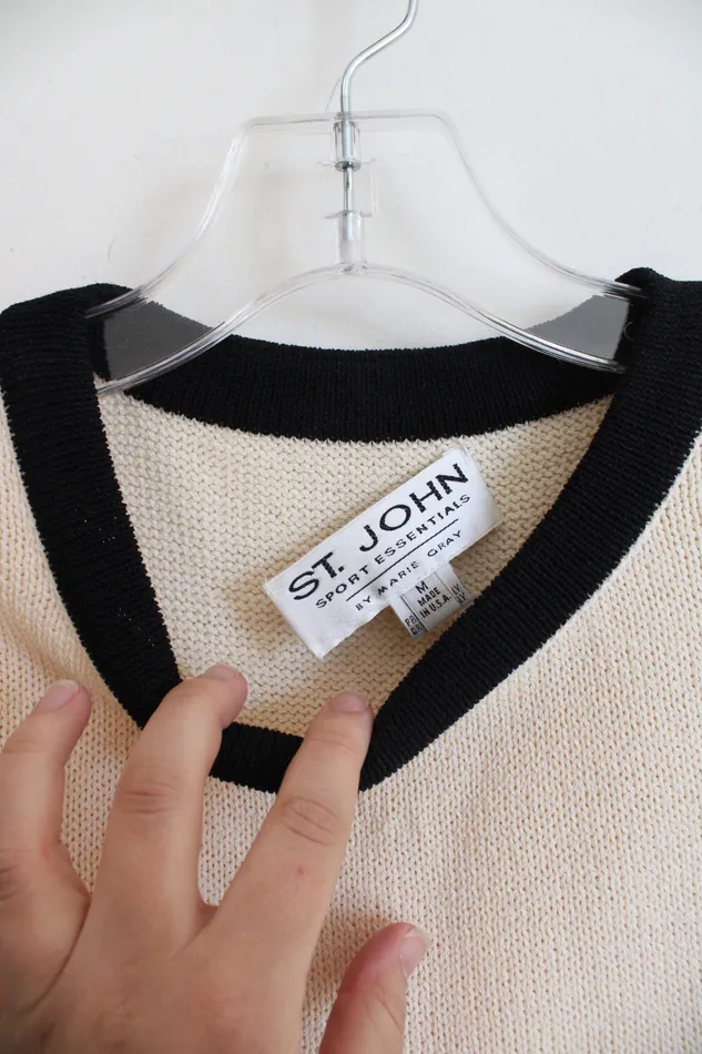St John St John Sport Essentials Vintage Beige Tan Striped Sweater Vest M Earrings