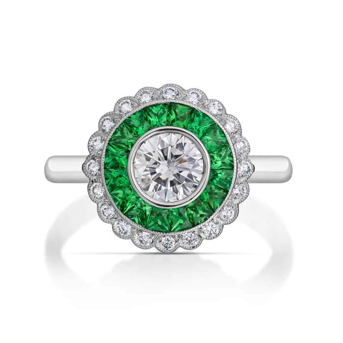Stephen Silver Rings 065 Carat Diamond and Tsavorite Garnet Halo Ring