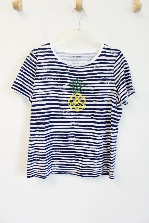 Talbots Rings Talbots Navy White Striped Pineapple Cotton Top M Petite