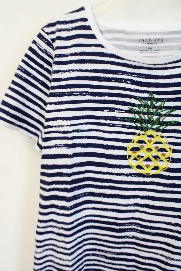 Talbots Rings Talbots Navy White Striped Pineapple Cotton Top M Petite