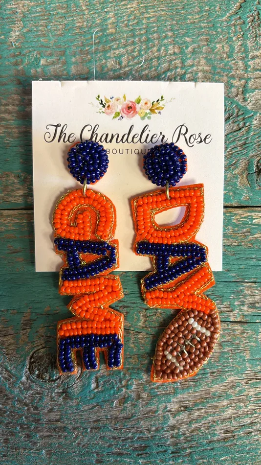 The Chandelier Rose Boutique Earrings GAME DAY BLUE AND ORANGE FOOTBALL BEADED EARRINGS