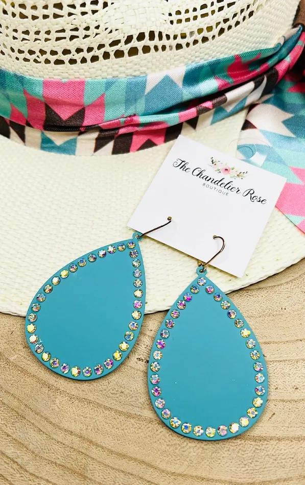 The Chandelier Rose Boutique Earrings TURQUOISE TEAR DROP EARRINGS WITH RHINESTONE