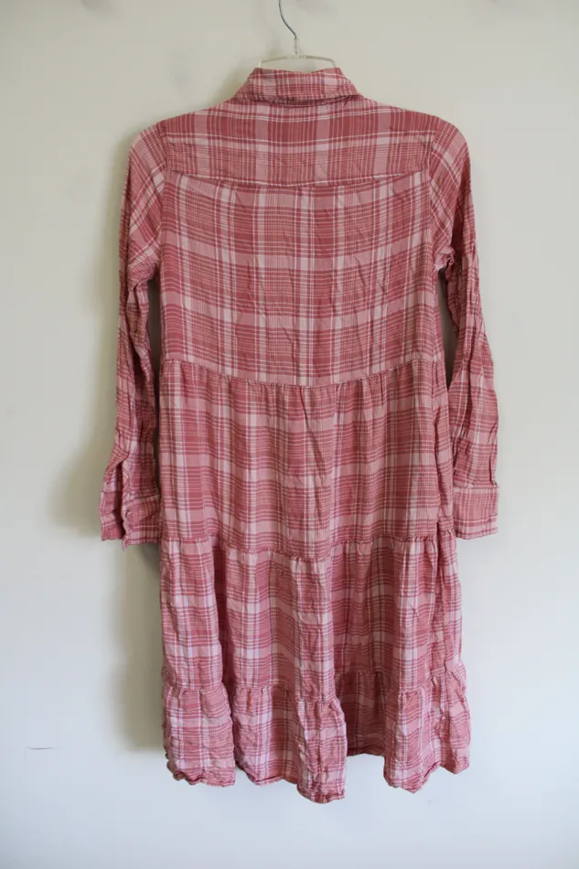 Time And Tru Necklaces Time And Tru Pink Plaid Tiered Long Sleeved Dress XS