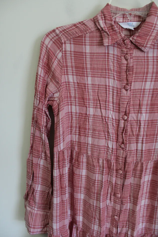 Time And Tru Necklaces Time And Tru Pink Plaid Tiered Long Sleeved Dress XS