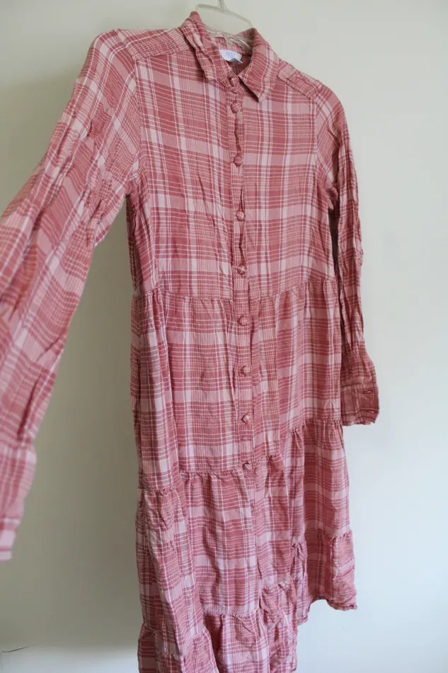 Time And Tru Necklaces Time And Tru Pink Plaid Tiered Long Sleeved Dress XS