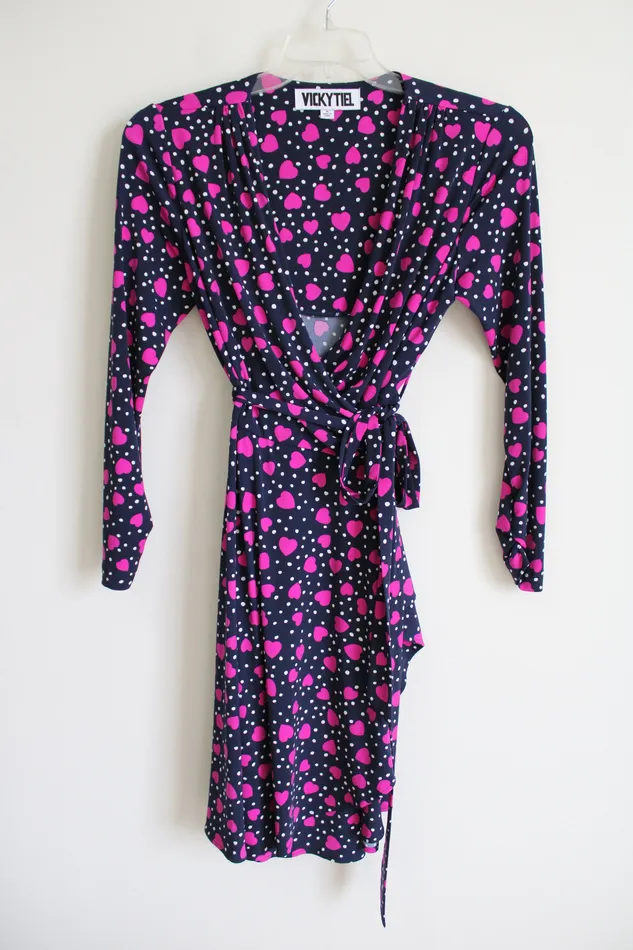 Vintage Vicky Tiel Blue Pink Heart Wrap Dress M Vicky Tiel Rings