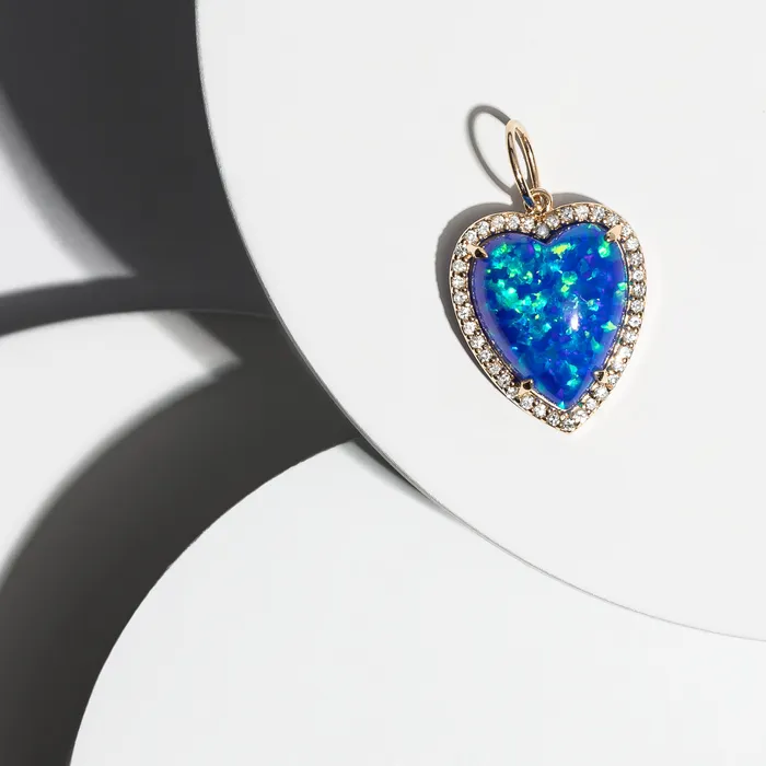 Yellow Gold Diamond and Blue Fire Opal Chubby Heart Charm RACHEL LYNN CHICAGO Rings