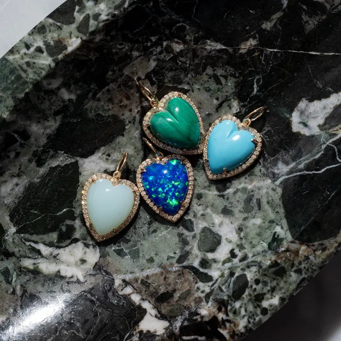 Yellow Gold Diamond and Blue Fire Opal Chubby Heart Charm RACHEL LYNN CHICAGO Rings