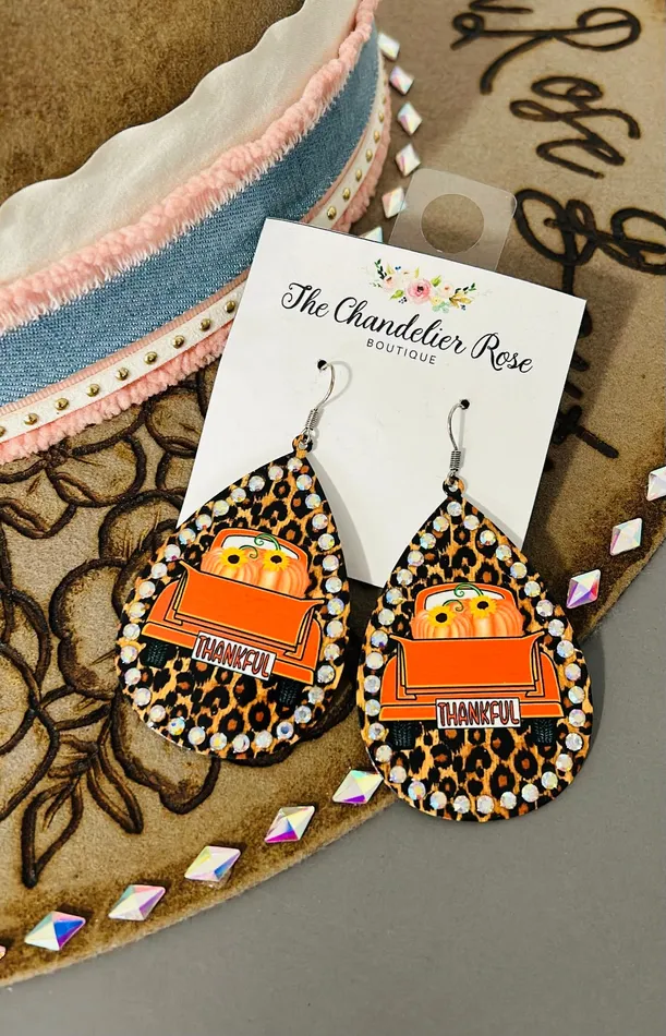 YKT Earrings THANKFUL ORANGE TRUCK BED PUMPKINS LEOPARD PEAR SHAPE EARRINGS