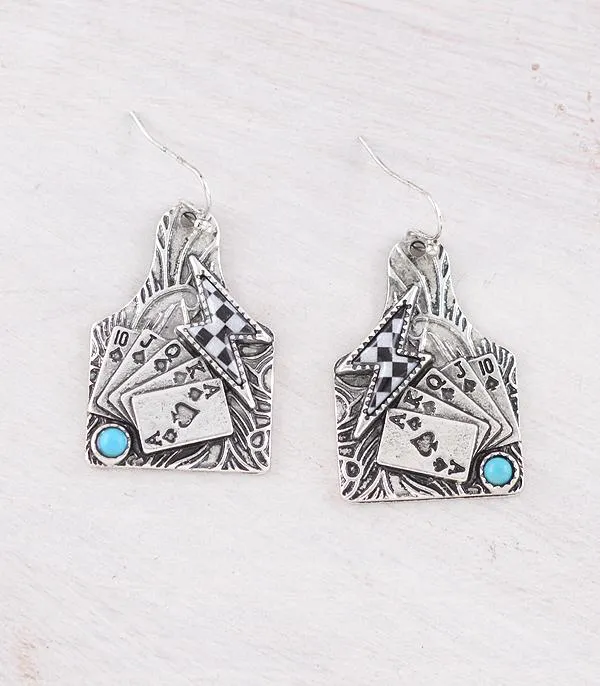 YKT Earrings WESTERN CATTLE TAG ACES AND CHECKERED LIGHTNING EARRINGS
