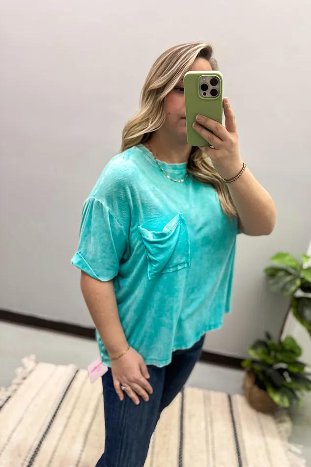 Zenana Earrings Where It Ends Ribbed Top Turquoise