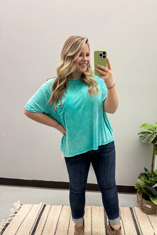 Zenana Earrings Where It Ends Ribbed Top Turquoise