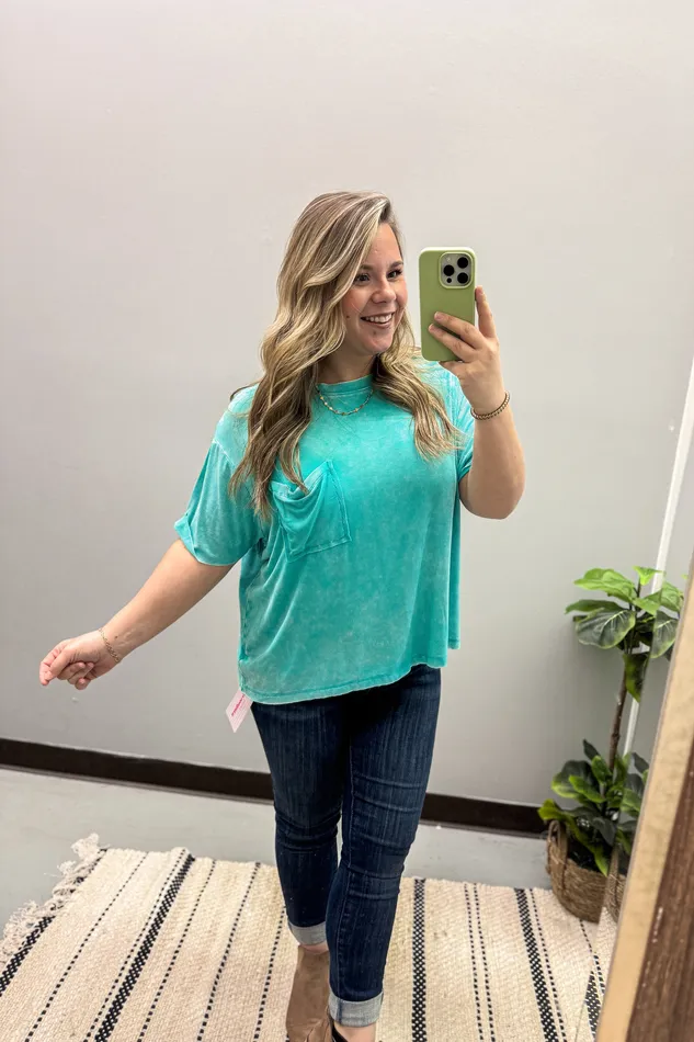 Zenana Earrings Where It Ends Ribbed Top Turquoise