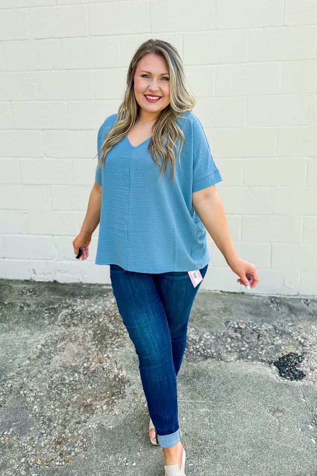 Zenana Rings All You Need Airflow Top Blue Grey